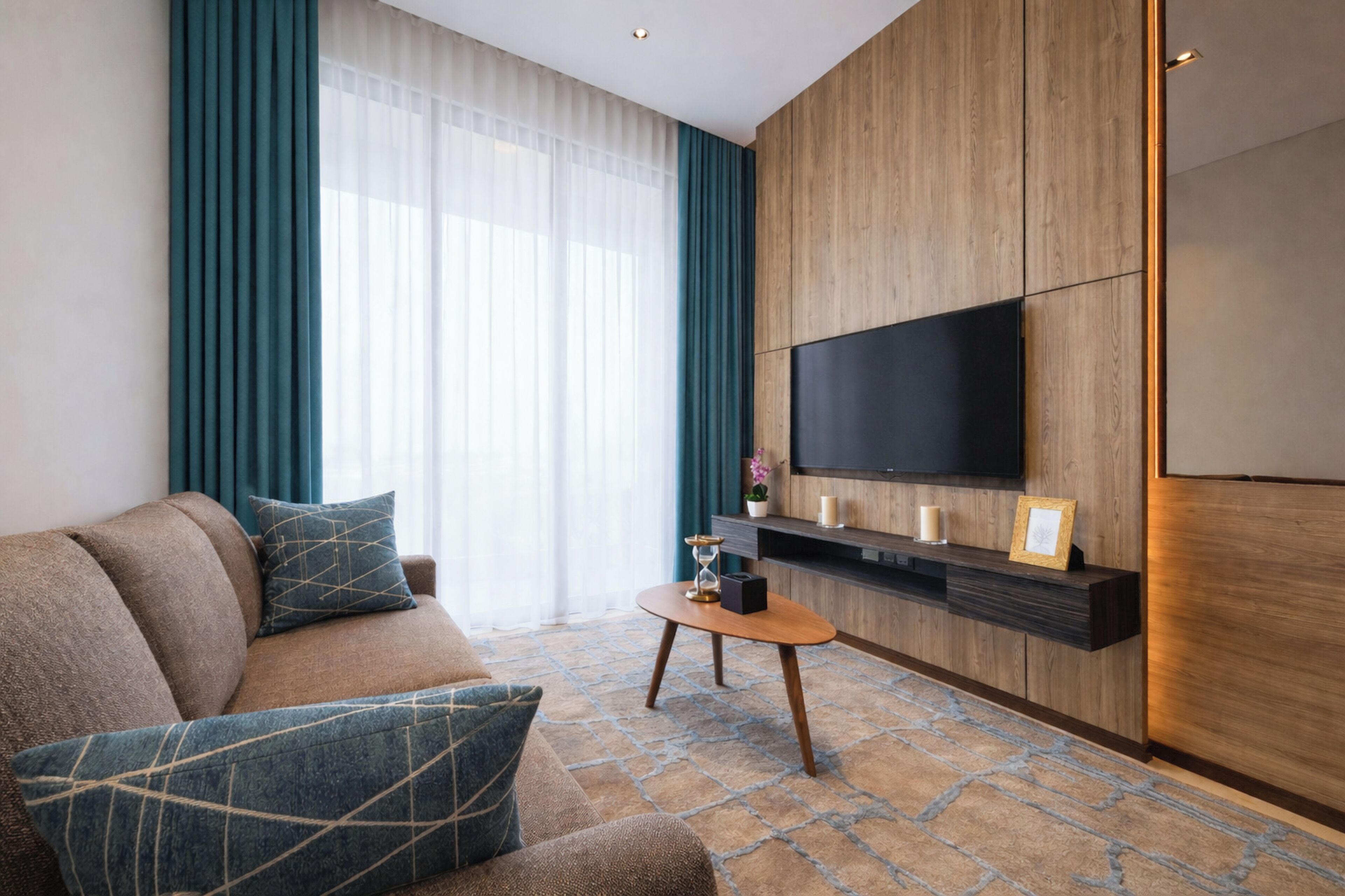 Una sala de estar moderna con un sofá, una mesa de centro, un televisor de pantalla plana montado en una pared de madera y un ventanal con cortinas traslúcidas.