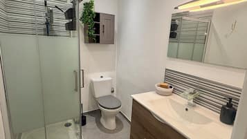 Hair dryer, towels, soap, toilet paper
