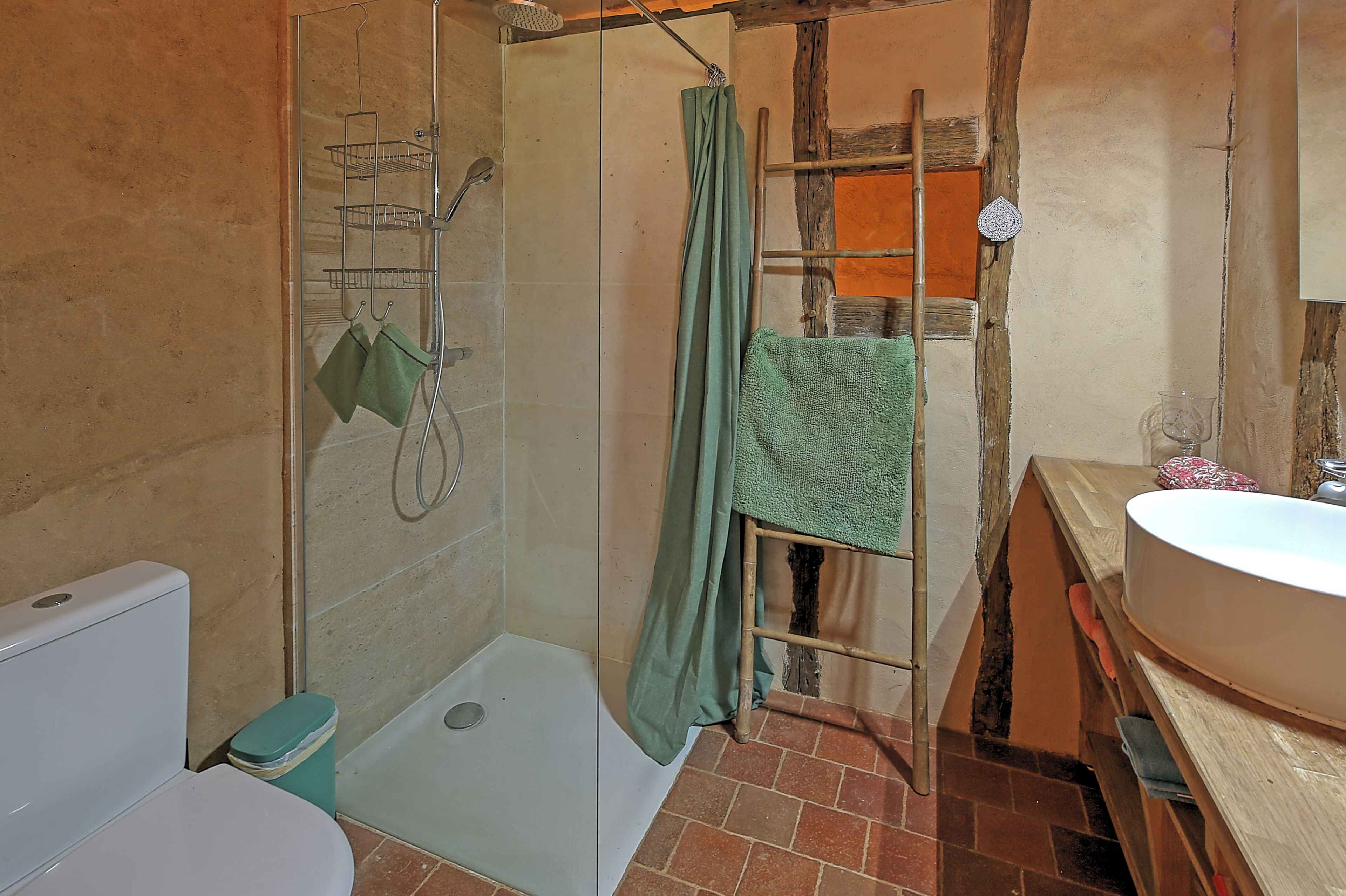 Shower, towels, toilet paper
