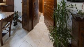 Um quarto com porta de madeira, uma planta em vaso, uma televisão e chão de azulejos.