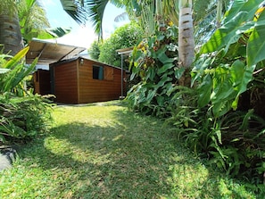 A wooden cabin with a thatched roof, surrounded by lush greenery and a well-maintained lawn.