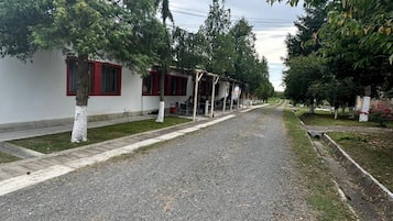 A street with a row of buildings, some with red windows, and trees lining the road.