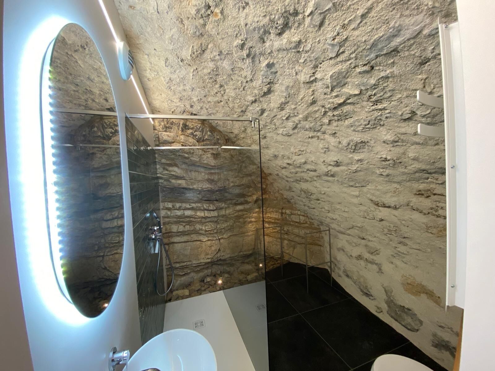 Shower, hair dryer, soap, toilet paper