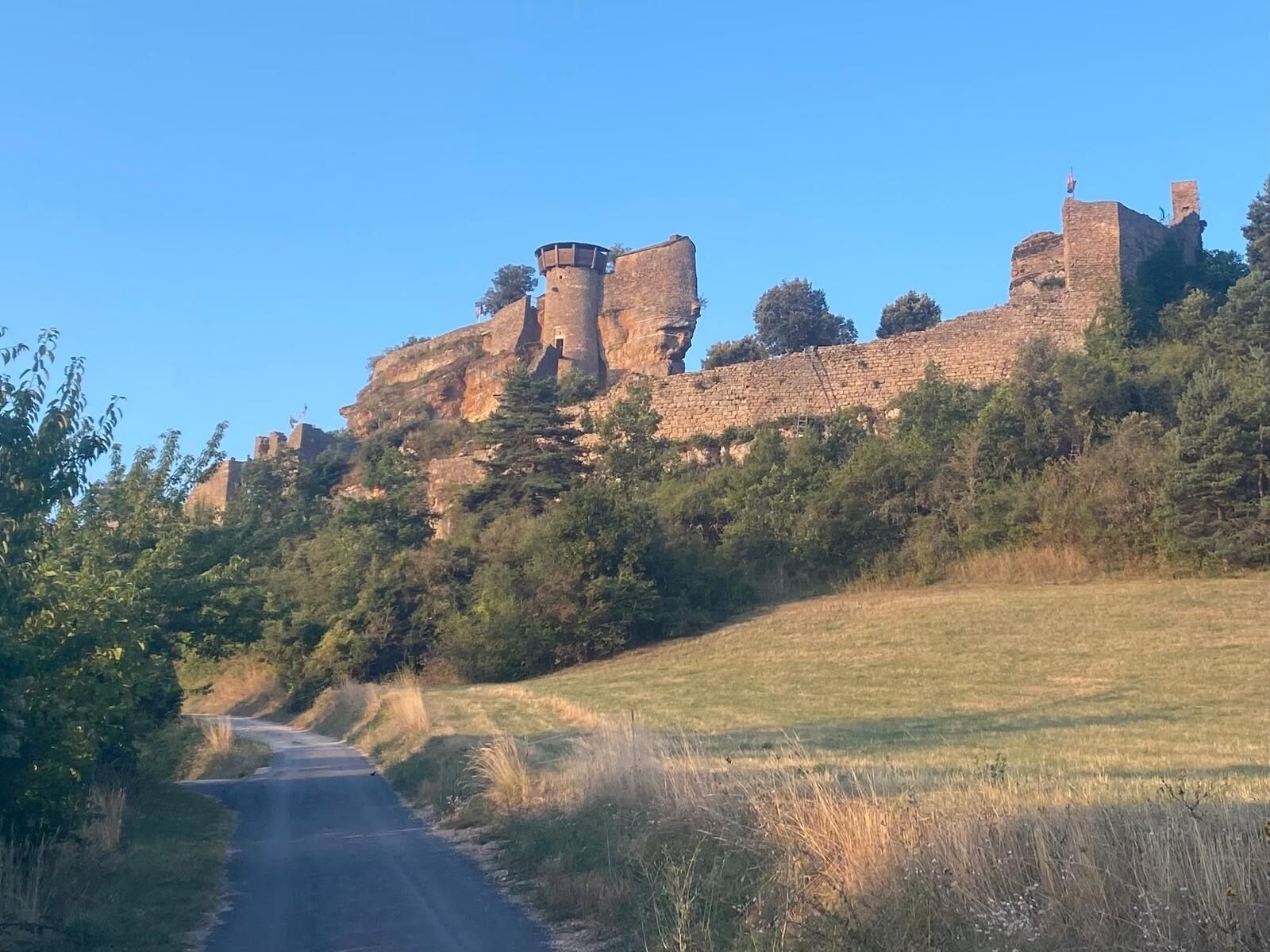 Un castillo de piedra histórico sobre una colina, con un camino pavimentado que lo conduce.
