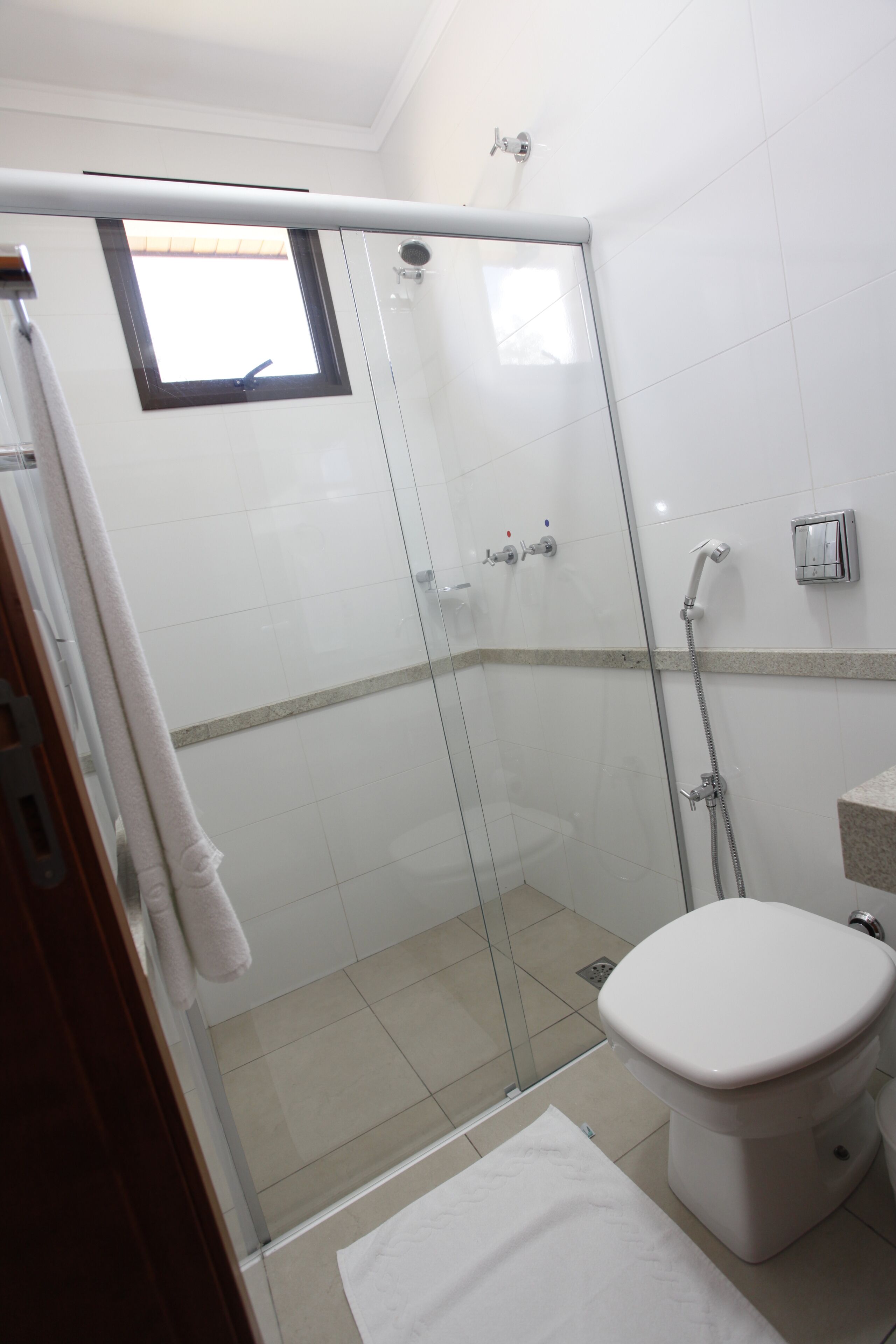 A bathroom with a glass shower enclosure, a toilet, and a small window.