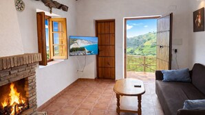 Ein Wohnzimmer mit Kamin, Fernseher, einer Couch und Blick auf eine grüne Landschaft durch eine geöffnete Tür.