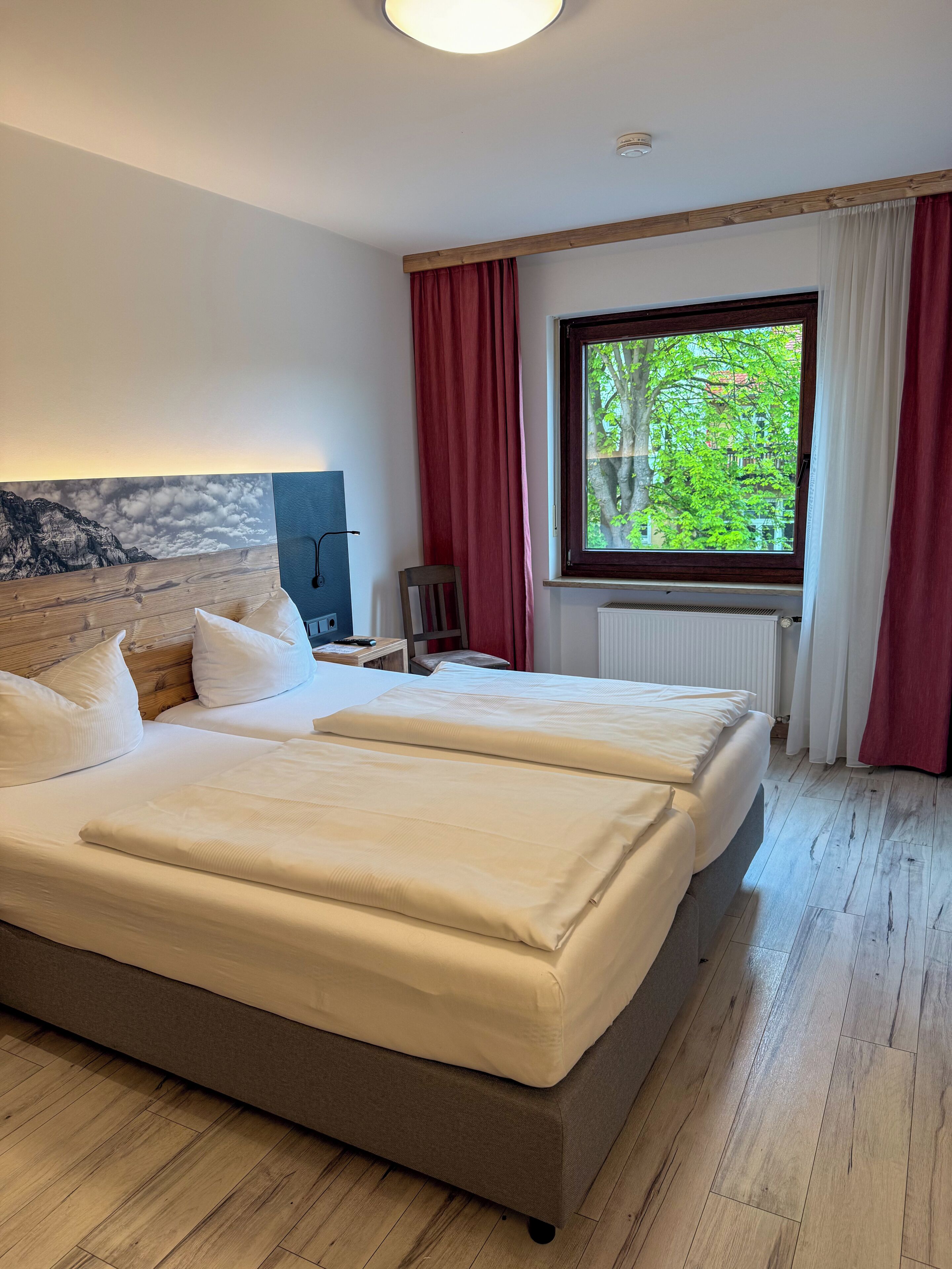 A hotel room with a large bed, a desk, a chair, a window with a view of trees, and a ceiling light.