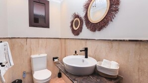 Un baño con inodoro, lavamanos y dos espejos fijos en la pared.