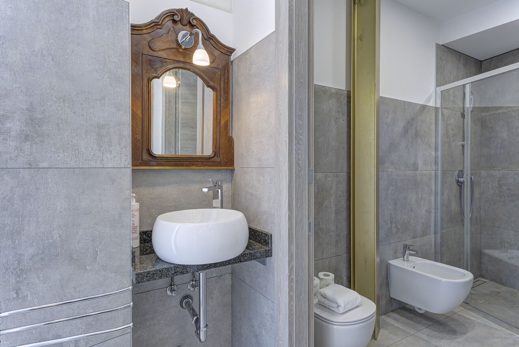 Shower, hair dryer, bidet, towels