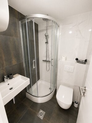 Ein modernes Badezimmer mit einer gläsernen Duschkabine, einem weißen Waschbecken und einer Toilette.