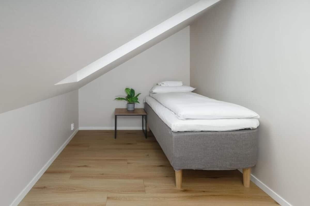 A small, narrow room with a sloped ceiling, a single bed, a small table with a plant, and wooden flooring.
