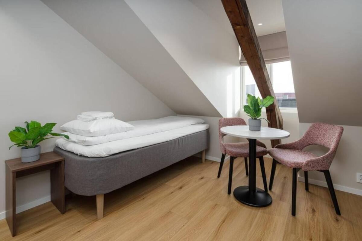 A small, modern room with a loft bed, a round table, two chairs, and two potted plants.