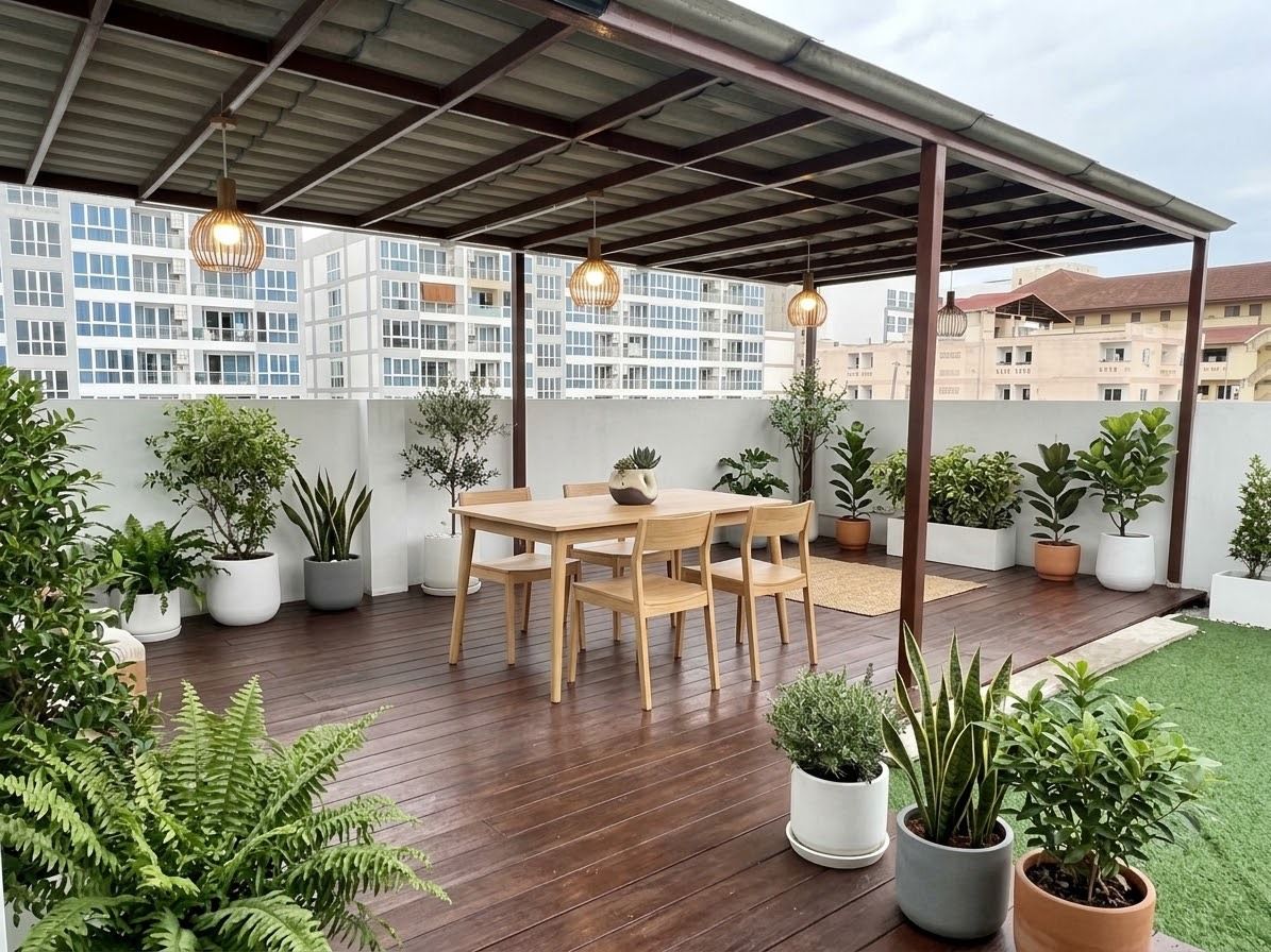 An outdoor patio with a wooden table and chairs, surrounded by potted plants and a covered area with hanging lights.