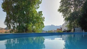 Una piscina con agua cristalina, rodeada de árboles y edificios.