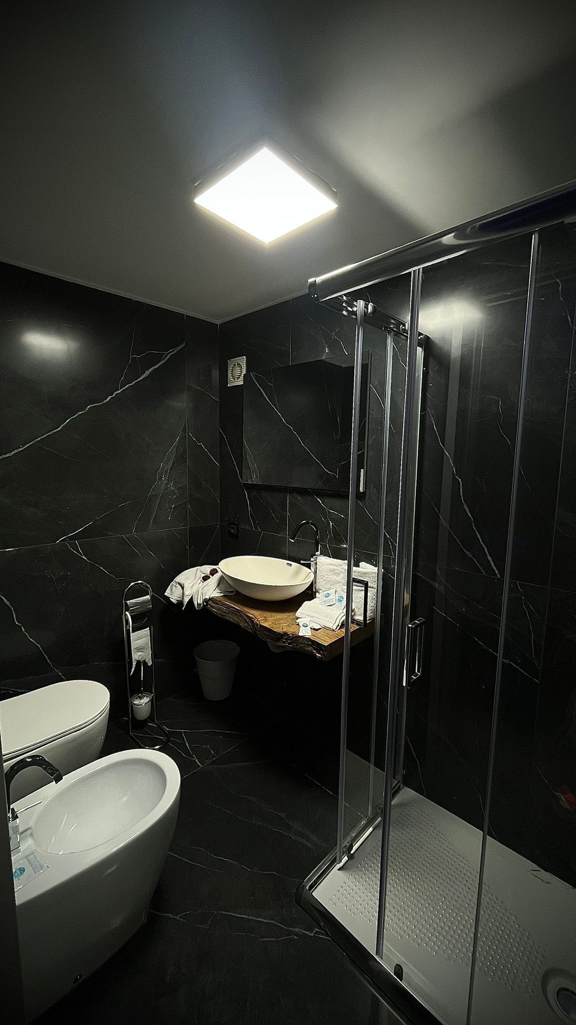 A modern bathroom with a glass shower enclosure, a white sink, and a toilet.