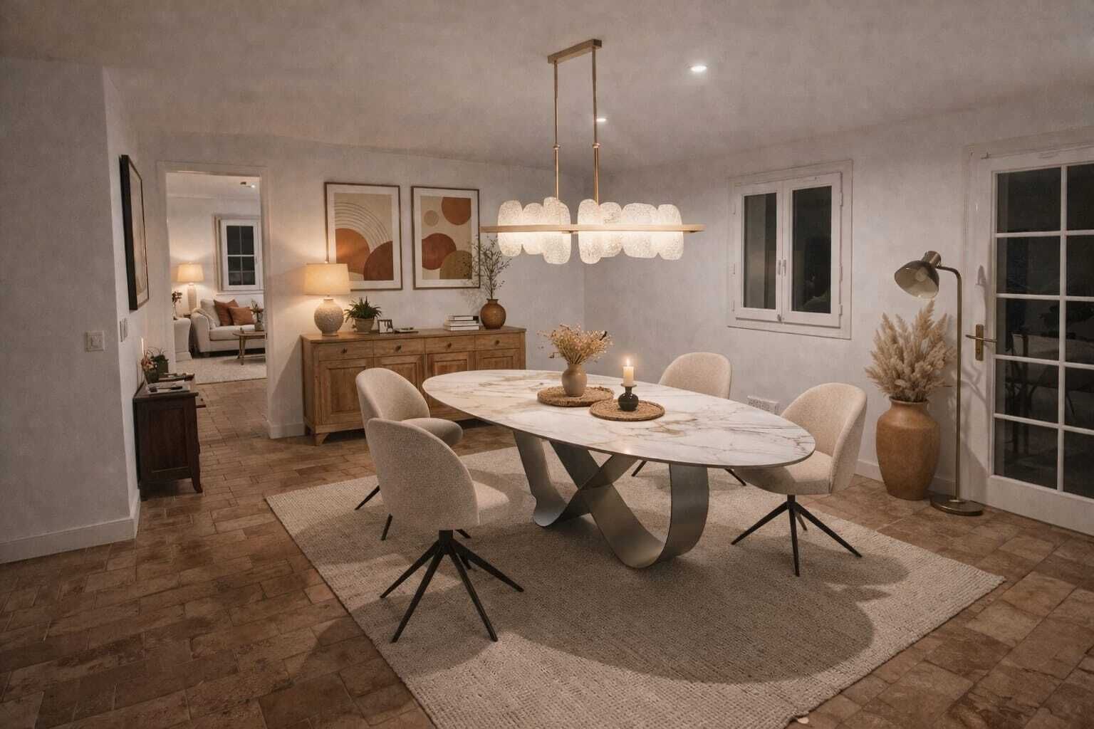 Un comedor con una mesa de mármol, sillas modernas, una lámpara de araña y vista hacia una sala de estar.