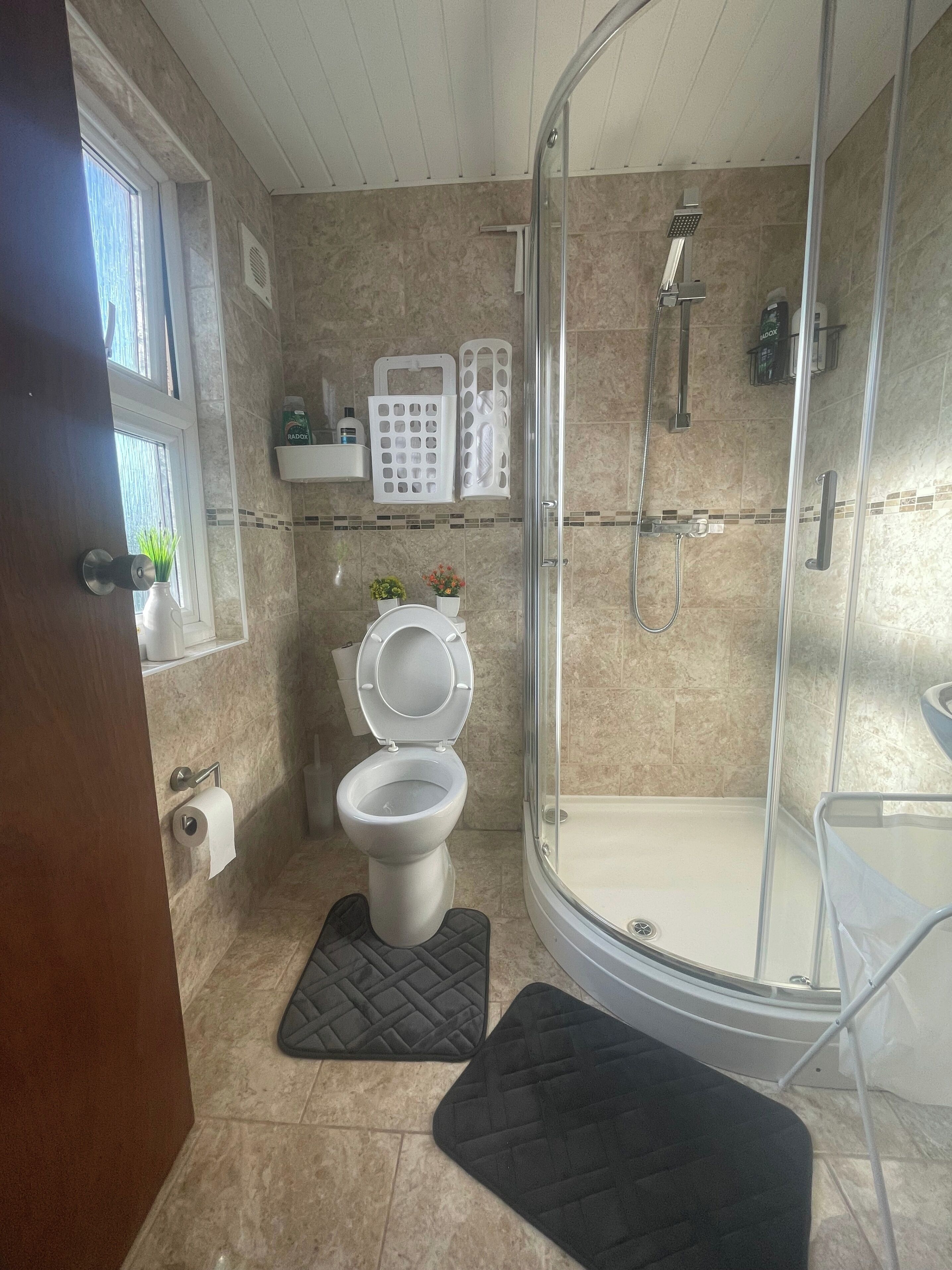 A bathroom with a toilet, a shower, and a glass-enclosed shower stall.