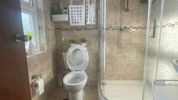 A bathroom with a toilet, a shower, and a glass-enclosed shower stall.