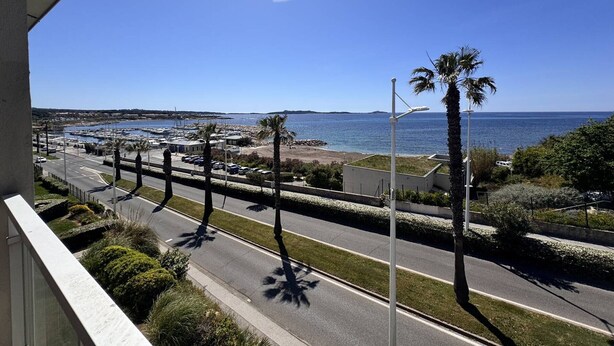 A coastal road with palm trees, a clear sky, and a view of the sea and boats. - Apartment with sea view, parking - 4 guests (Six-Fours-les-Plages)