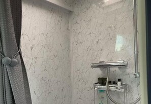 Shower, hair dryer, towels
