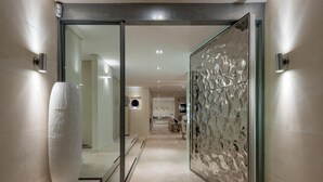 Un vestíbulo de hotel moderno con puerta de cristal, un jarrón grande y una pared decorativa.
