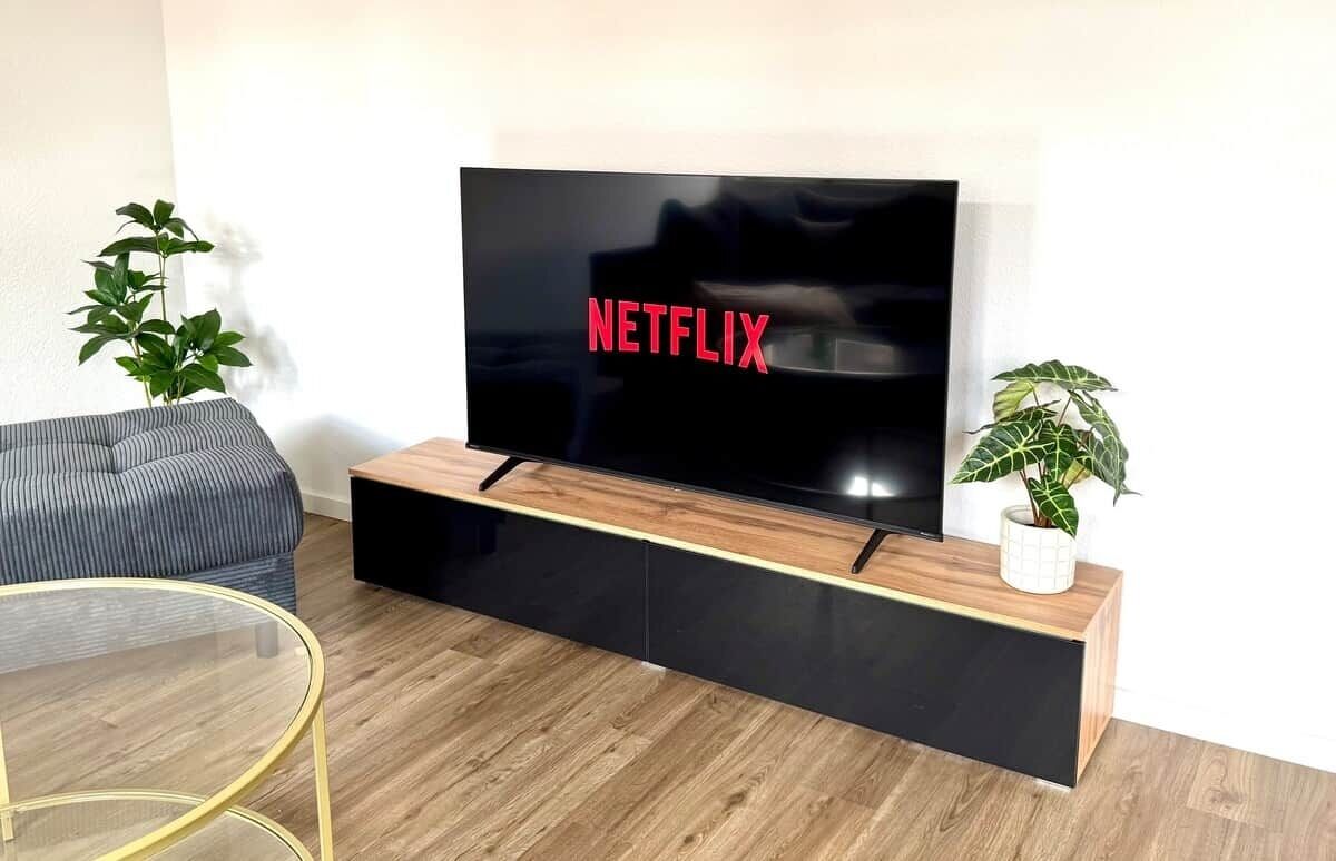 Uma sala de estar moderna com uma TV de tela plana sobre um móvel de madeira, um sofá cinza, uma mesa de centro de vidro e duas plantas em vasos.