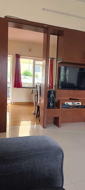 A living room with a TV, wooden cabinets, a sofa, and a dog.
