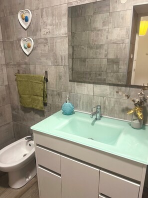 Douche, bidet, serviettes fournies, savon
