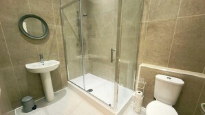 Een badkamer met een douche met glazen wand, een wastafel op een zuil, een toilet en een wc-papierhouder.