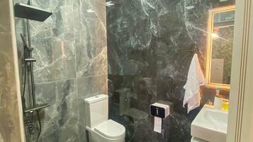 Shower, towels, soap, toilet paper