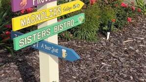 A colorful signpost with various business names pointing in different directions. - Joe's Place- A Hidden Gem by the Bay (Port St Joe)