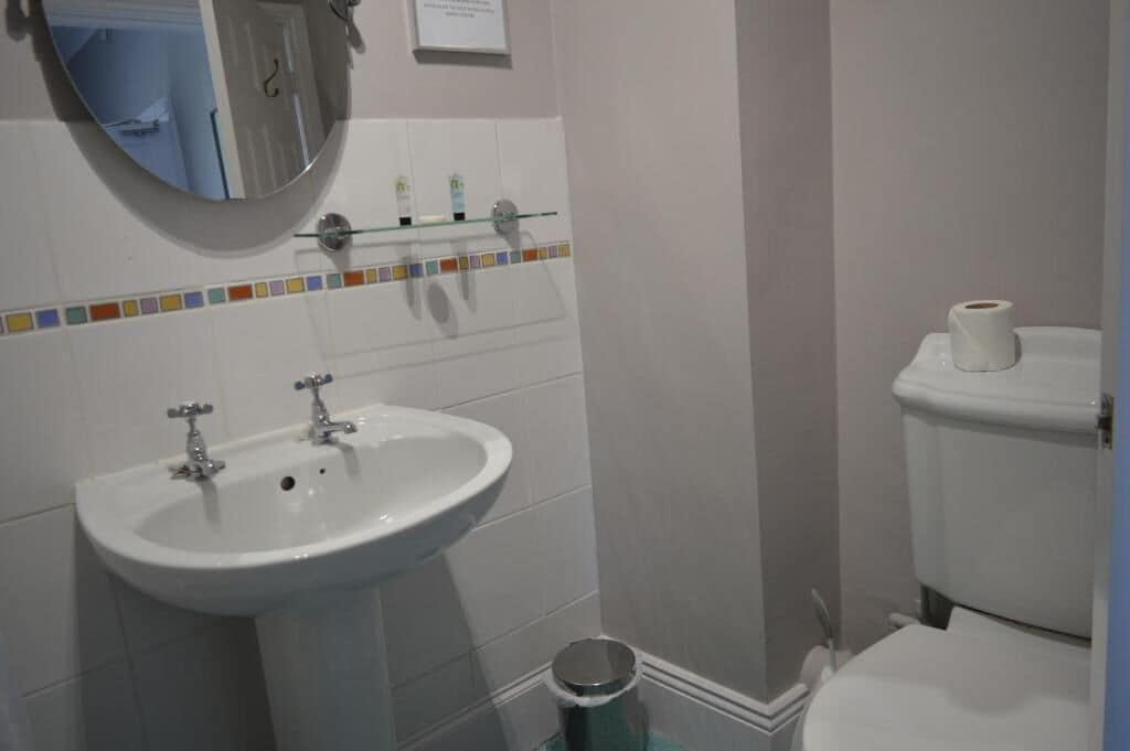 A bathroom with a white sink, a mirror, a toilet, and a small trash bin.