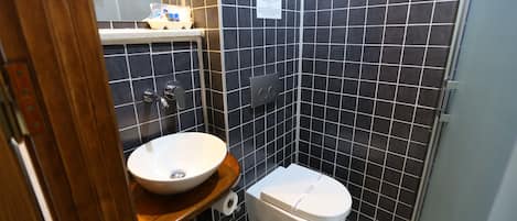 Habitación económica, vista al patio | Baño | Regadera, secadora de cabello, toallas, jabón