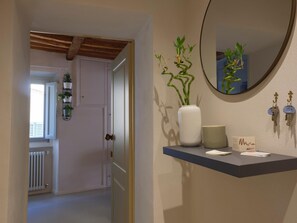 A hallway with a door leading to a room, a radiator, and a wall-mounted mirror reflecting a plant. - One Bedroom Apartment (Lucca)