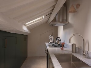 A modern kitchen with a skylight, stainless steel appliances, and a marble countertop. - One Bedroom Apartment (Lucca)