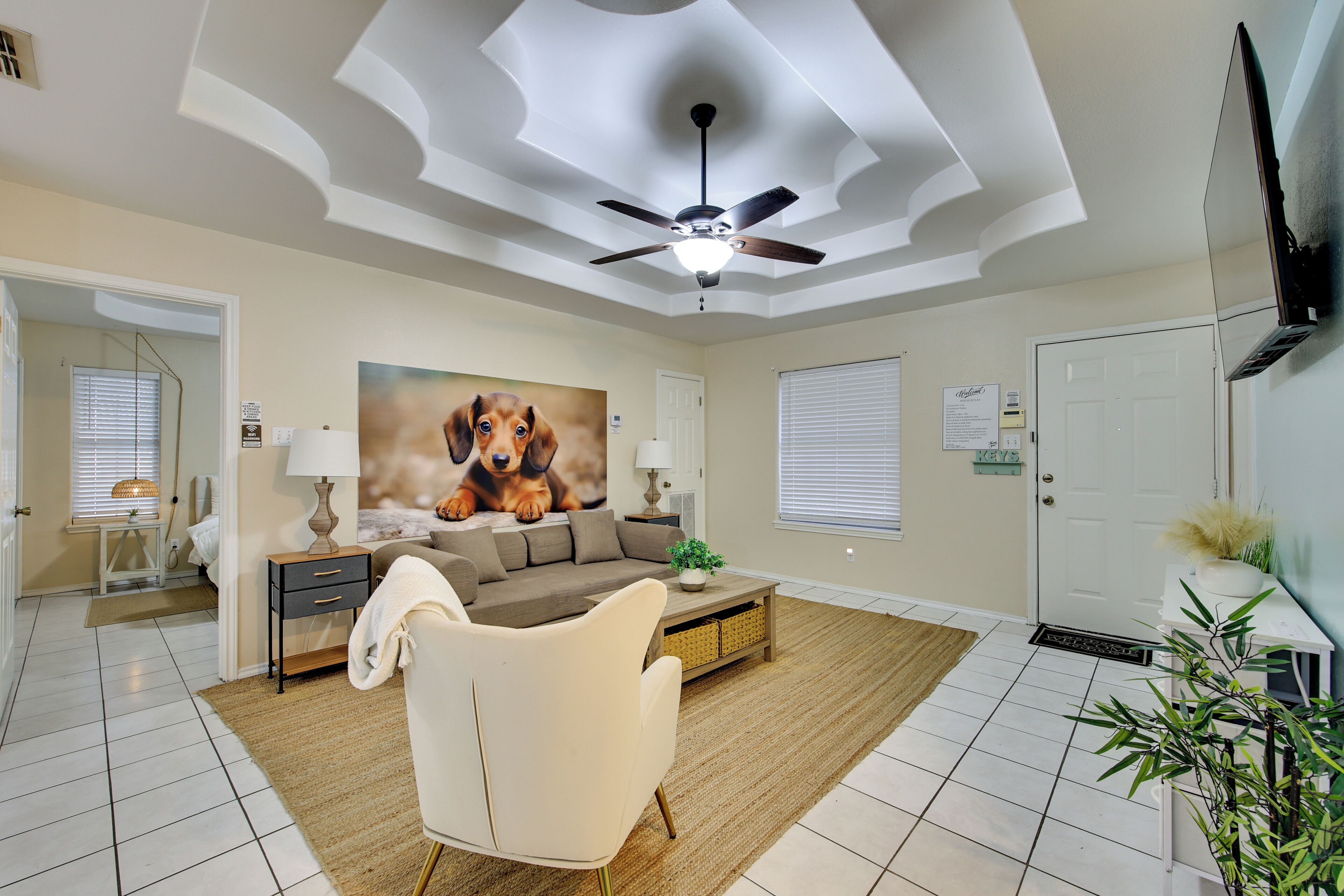 Un salon avec un ventilateur de plafond, un canapé, une table basse et un tableau représentant un chien.