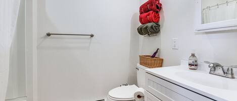Un bagno con un WC bianco, un lavandino bianco, uno specchio e una tenda da doccia.