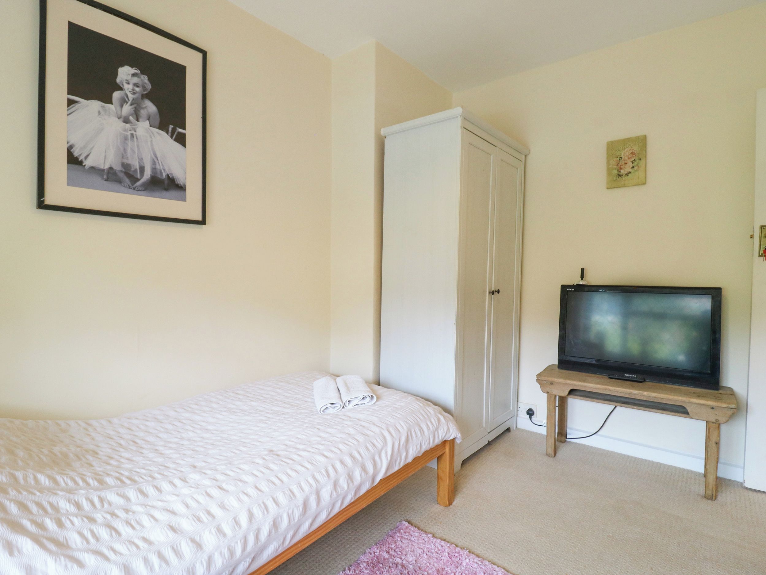 A bedroom with a bed, a wardrobe, a television on a wooden stand, and a framed picture on the wall.