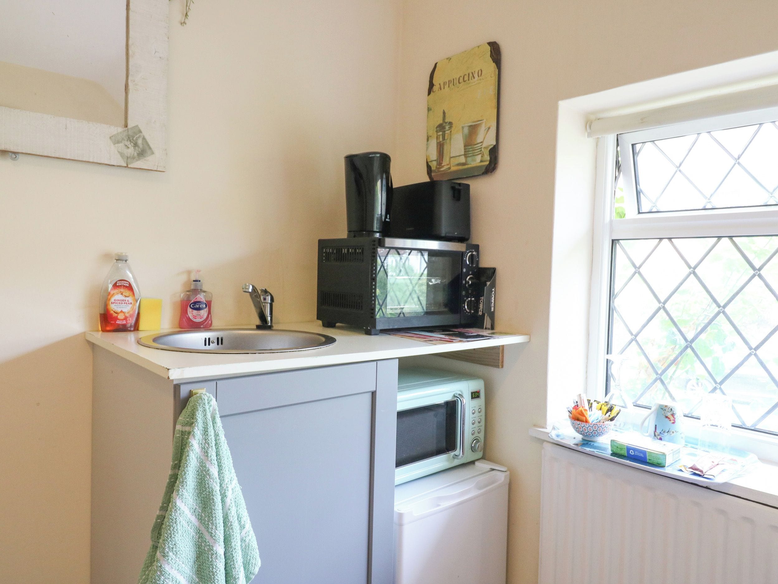 A compact kitchen with a sink, a microwave, and a small refrigerator.