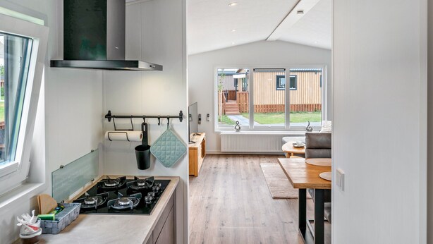 A modern kitchen with a gas stove, a range hood, and a window overlooking a backyard.
