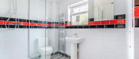 Regadera, secadora de cabello, toallas, papel de baño