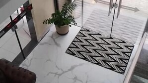 Un vestíbulo de hotel con piso de mármol, una zona alfombrada de color rojo, una planta en maceta y un letrero que dice 'SAÍDA' (salida).