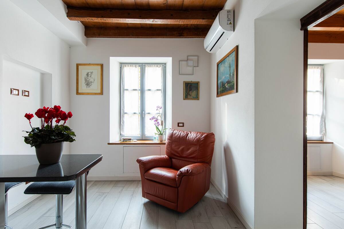 A room with a brown leather chair, a table with a potted plant, and a window with curtains.