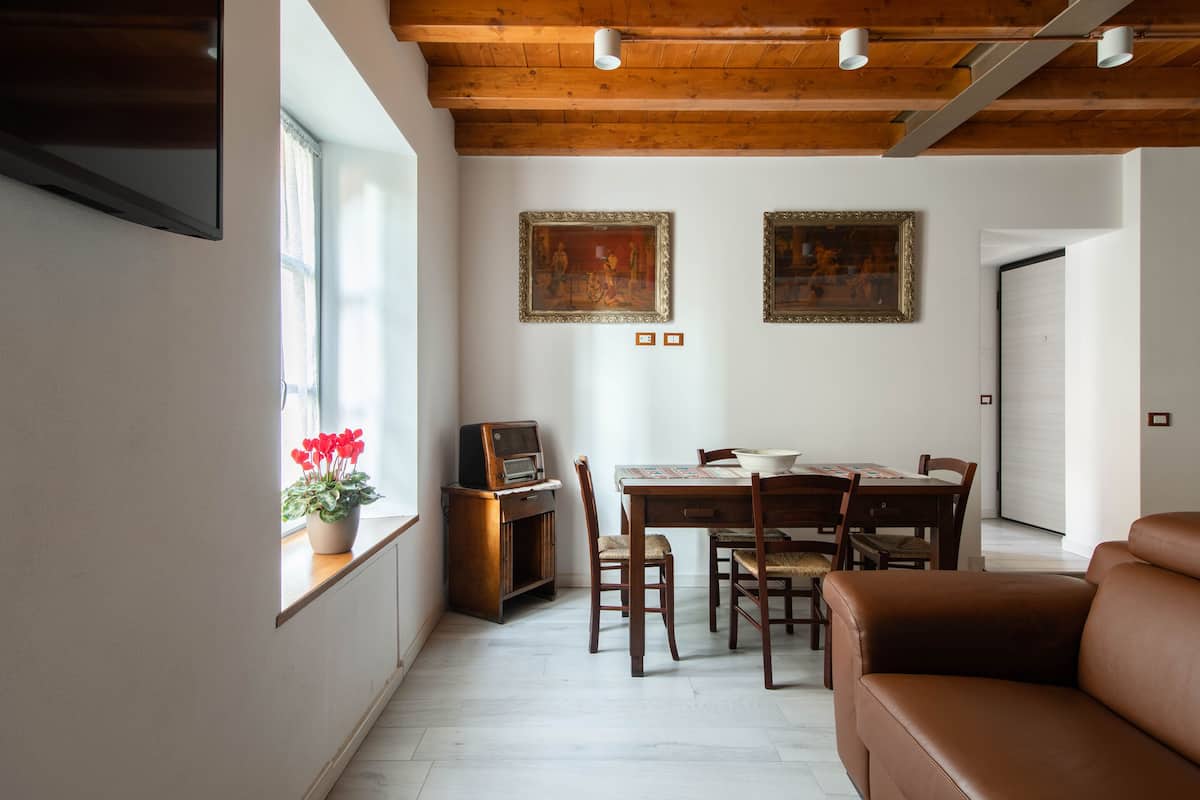 A dining area with a wooden table, chairs, a television, and a potted plant.