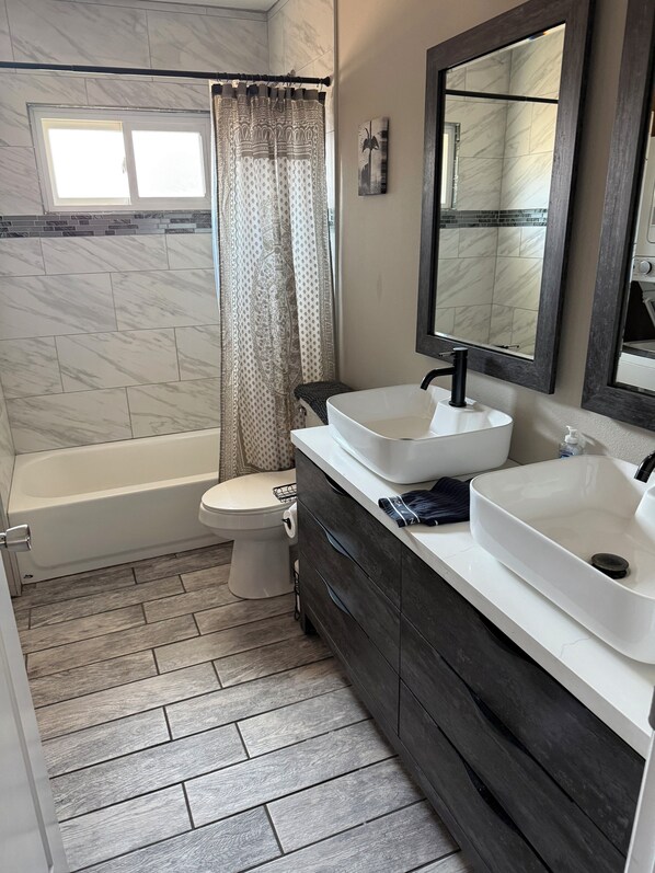 Hair dryer, towels, toilet paper