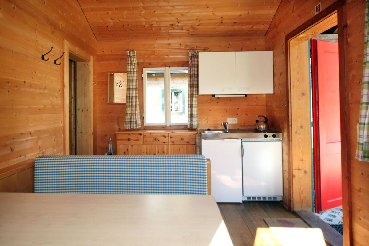 A compact cabin-style kitchen with a dining table, a refrigerator, and a sink.