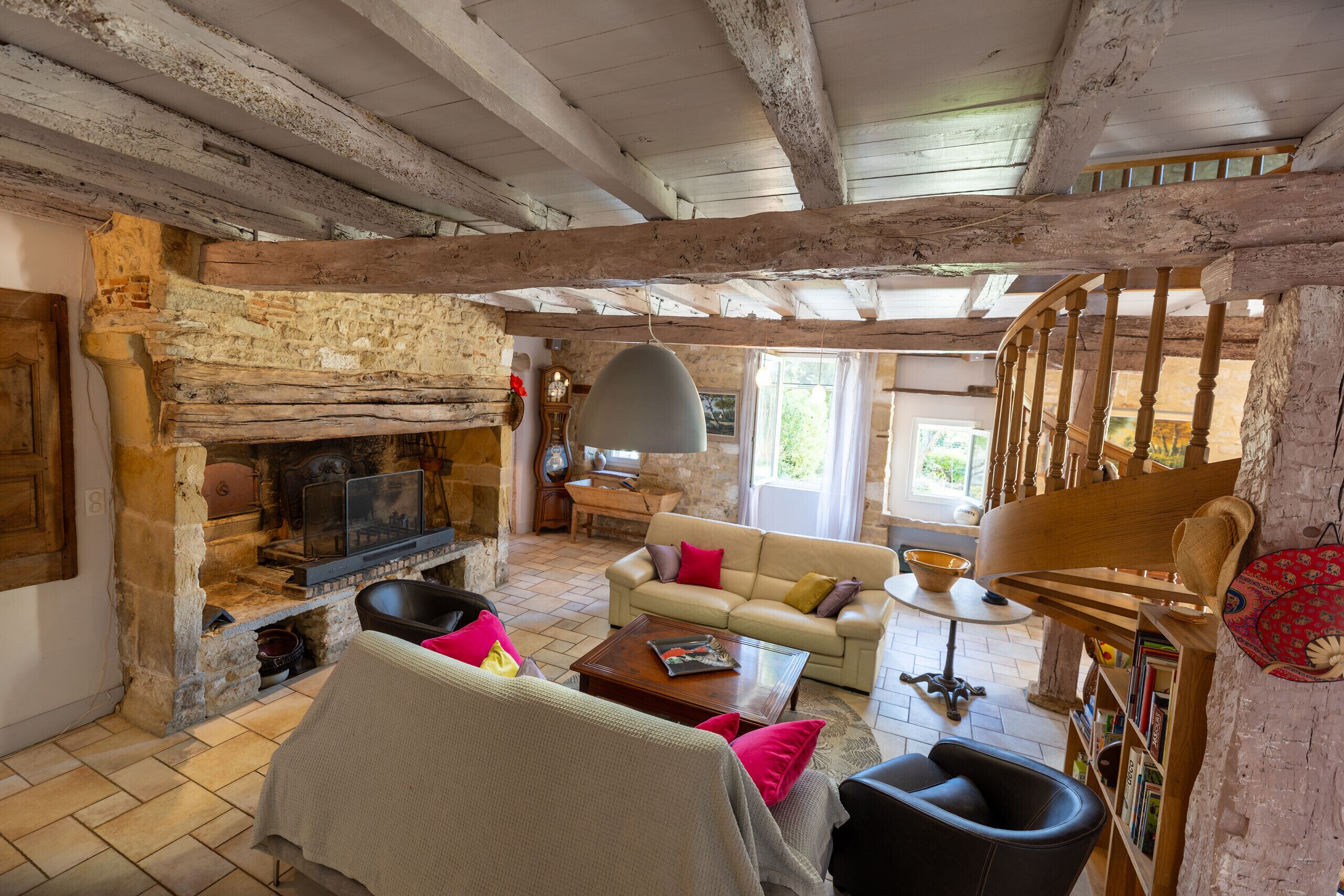 TV, fireplace, books