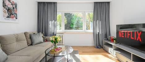 Comfort Apartment, City View | Living area | 50-inch flat-screen TV with cable channels