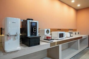 Mini-fridge, microwave, electric kettle