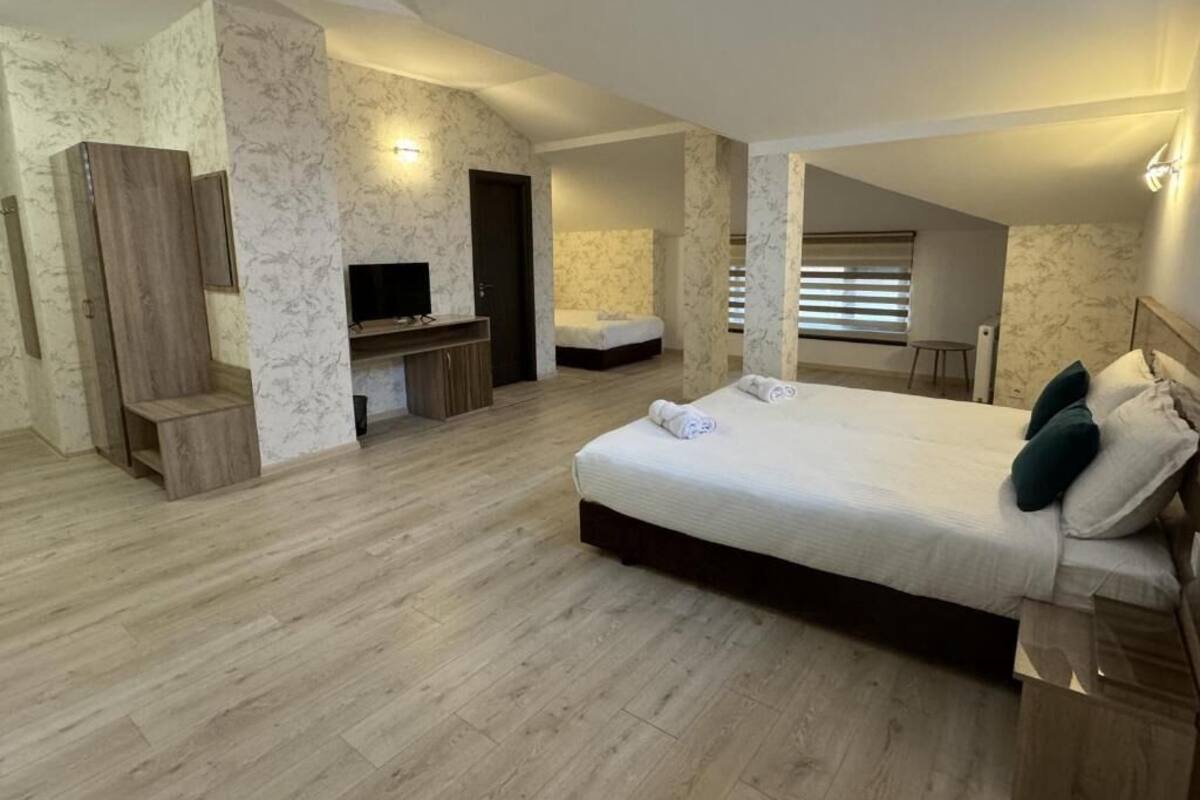 A bedroom with a large bed, a TV, a desk, and a bathroom.